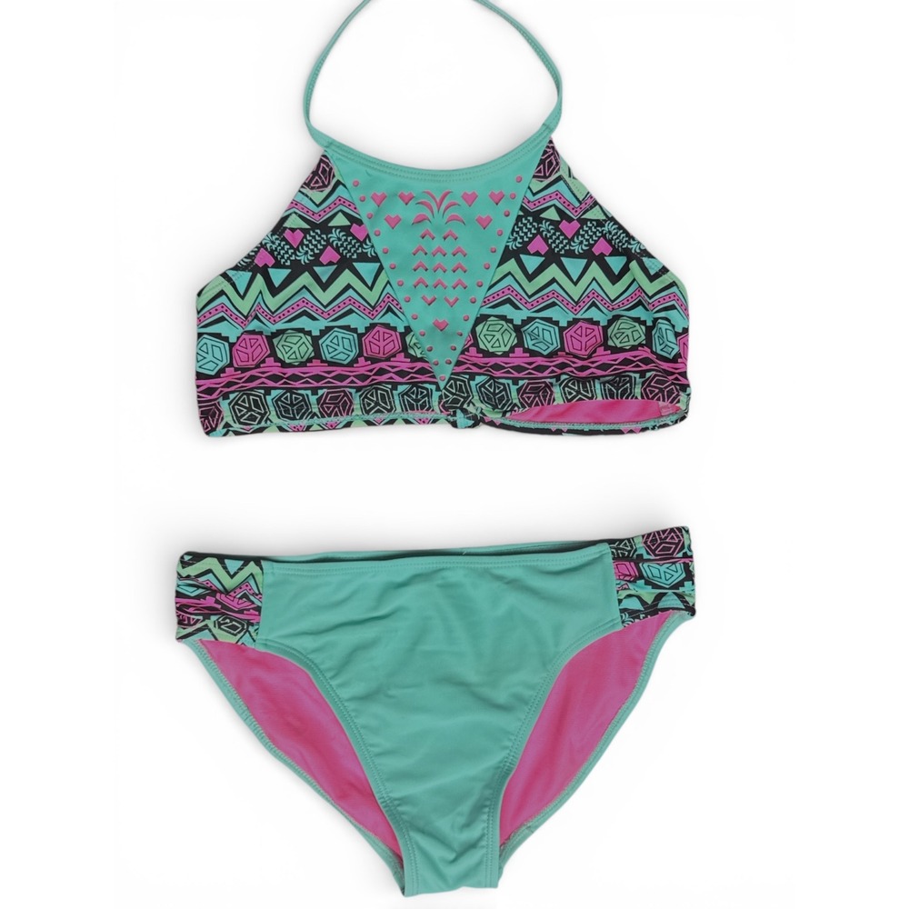 Girls Two Piece Bikini Swimsuit‎ Turquoise Pink Tribal Print Halter Swim Set